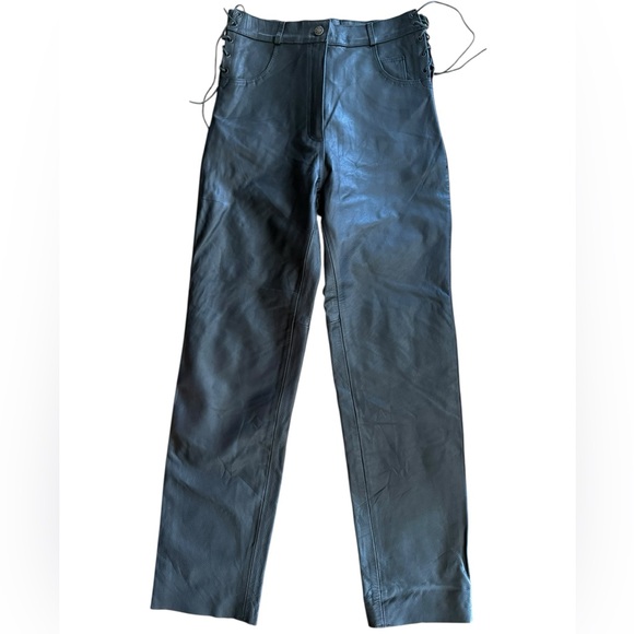 UNIK Unisex Premium Black Leather Motorcycle Pants Lace-Up Sides- 10 - Picture 1 of 16